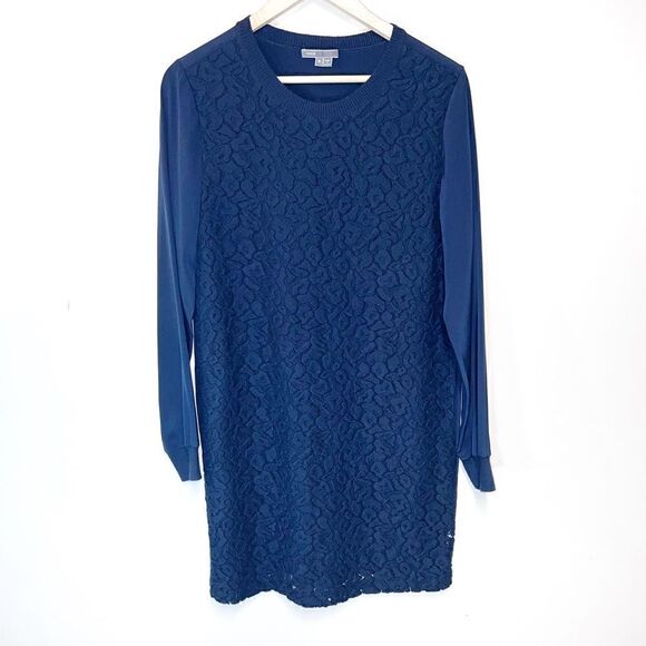 Vince Navy Blue Lace Overlay Silk Long Sleeve Jacquard Mini Dress Medium. - Picture 1 of 7